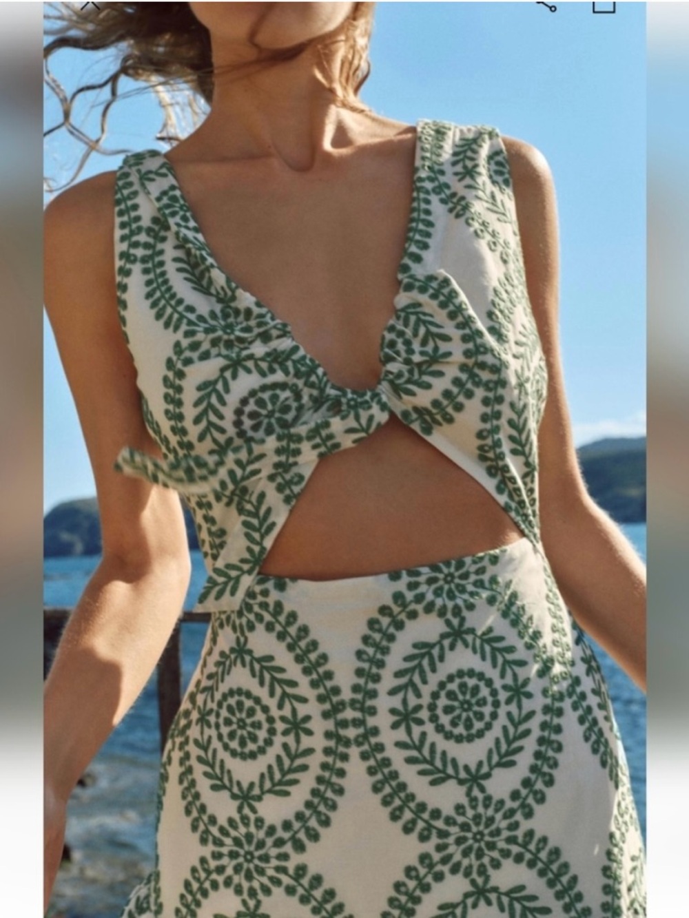 NWT Zara Perforated Knotted Embroidered Dress White/Green
